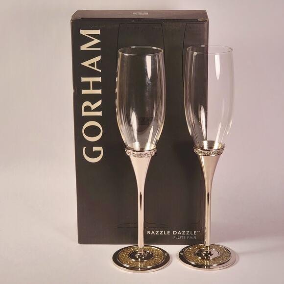 Gorham Razzle Dazzle Champagne Flute‎ Pair Clear Glass Silver Stem 8oz Open Box - Picture 1 of 11